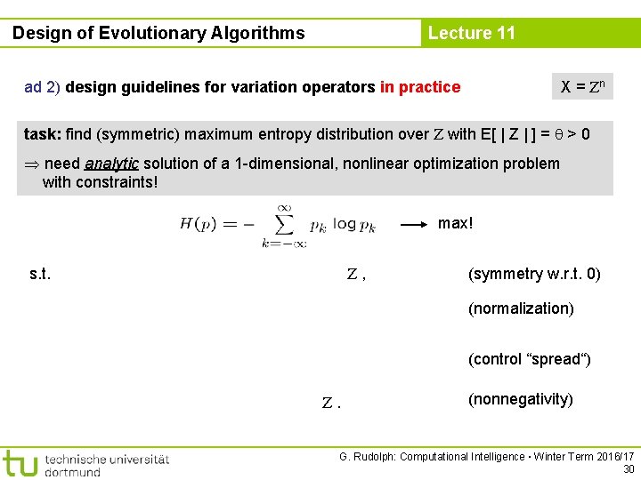 Design of Evolutionary Algorithms Lecture 11 X = Zn ad 2) design guidelines for