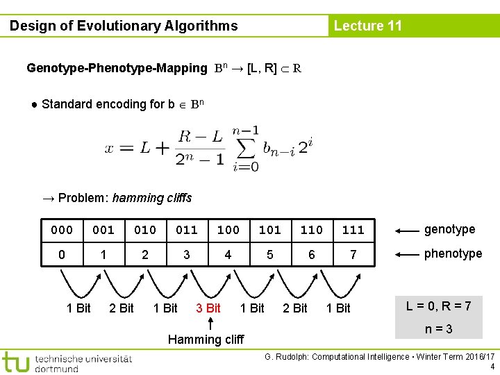 Design of Evolutionary Algorithms Lecture 11 Genotype-Phenotype-Mapping Bn → [L, R] R ● Standard