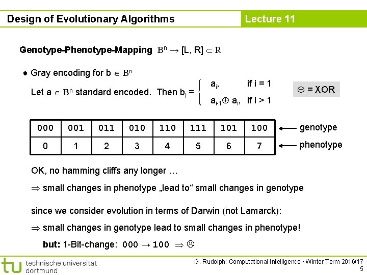 Design of Evolutionary Algorithms Lecture 11 Genotype-Phenotype-Mapping Bn → [L, R] R ● Gray