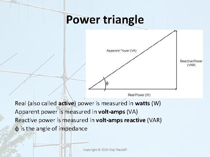 Power triangle Real (also called active) power is measured in watts (W) Apparent power