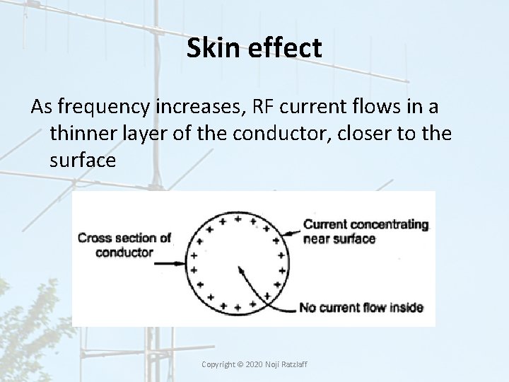 Skin effect As frequency increases, RF current flows in a thinner layer of the