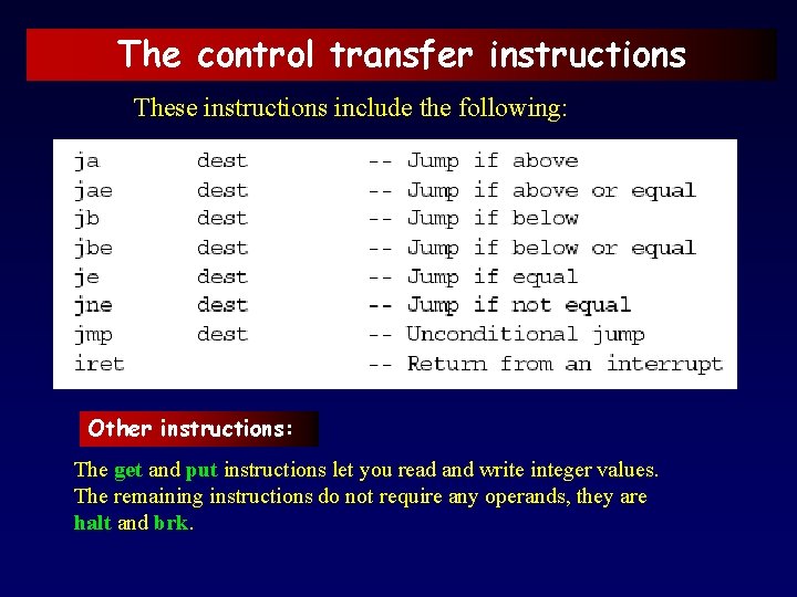 The control transfer instructions These instructions include the following: Other instructions: The get and