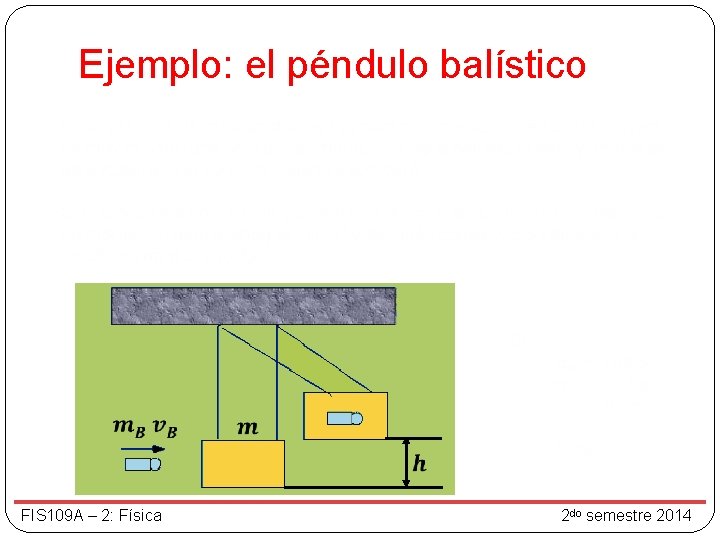 Ejemplo: el péndulo balístico FIS 109 A – 2: Física 2 do semestre 2014 Ejemplo: el péndulo balístico FIS 109 A – 2: Física 2 do semestre 2014