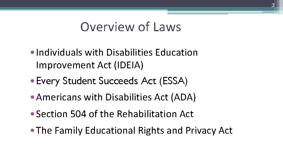 3 Overview of Laws • Individuals with Disabilities Education Improvement Act (IDEIA) • Every