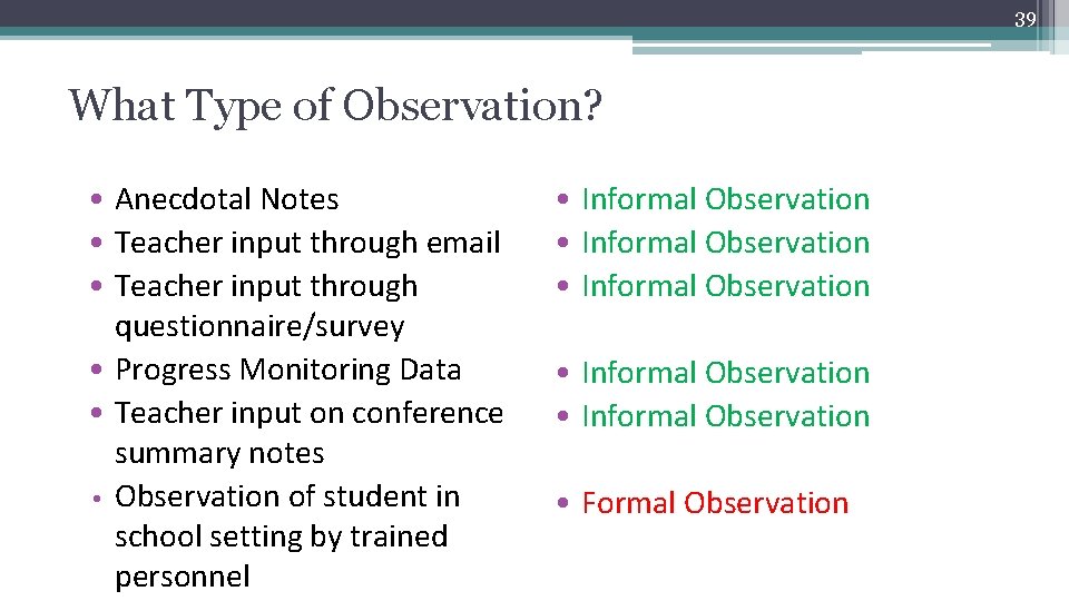 39 What Type of Observation? • Anecdotal Notes • Teacher input through email •