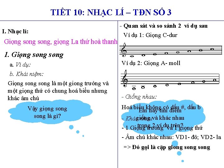 TIẾT 10: NHẠC LÍ – TĐN SỐ 3 I. Nhạc lí: Giọng song, giọng