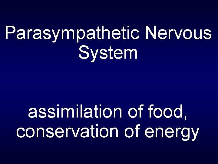 Parasympathetic Nervous System assimilation of food, conservation of energy 