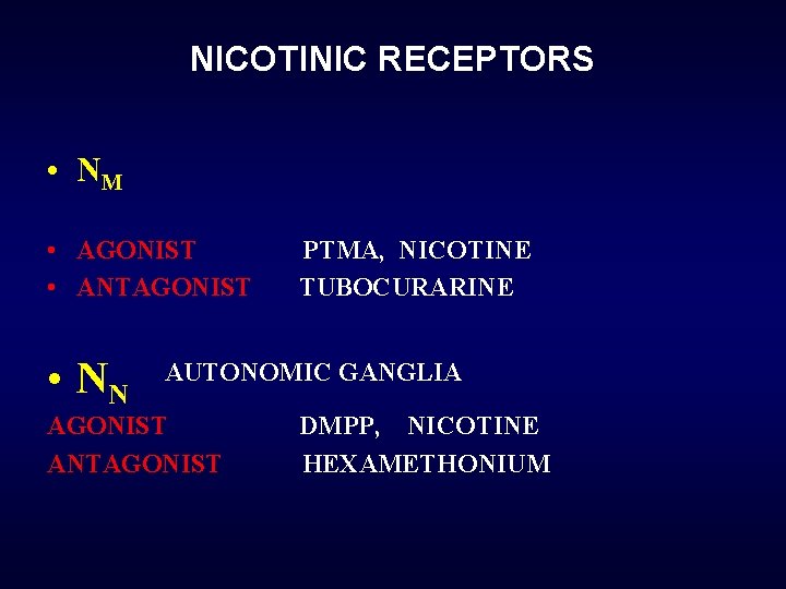 NICOTINIC RECEPTORS • NM • AGONIST • ANTAGONIST • NN PTMA, NICOTINE TUBOCURARINE AUTONOMIC