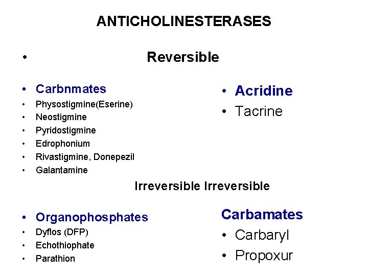 ANTICHOLINESTERASES • Reversible • Carbnmates • • Acridine • Tacrine Physostigmine(Eserine) Neostigmine Pyridostigmine Edrophonium