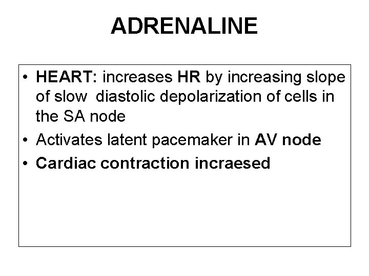 ADRENALINE • HEART: increases HR by increasing slope of slow diastolic depolarization of cells