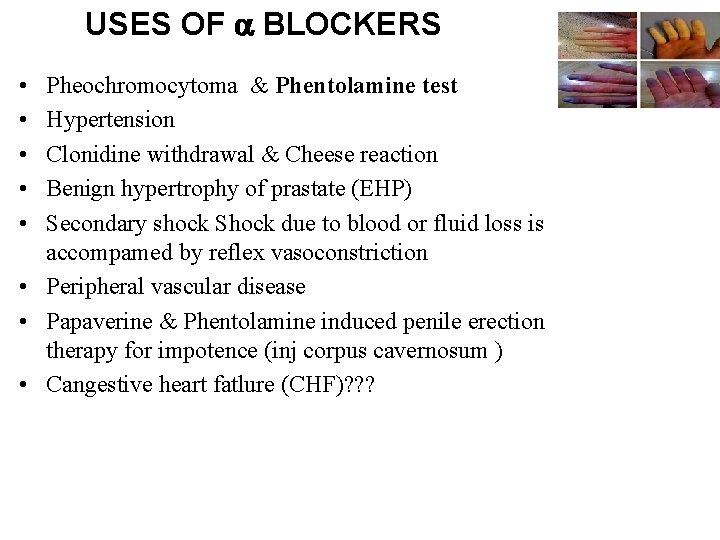 USES OF BLOCKERS • • • Pheochromocytoma & Phentolamine test Hypertension Clonidine withdrawal &