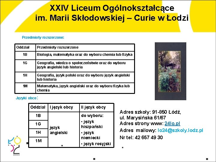 XXIV Liceum Ogólnokształcące im. Marii Skłodowskiej – Curie w Łodzi Przedmioty rozszerzone: Oddział Przedmioty