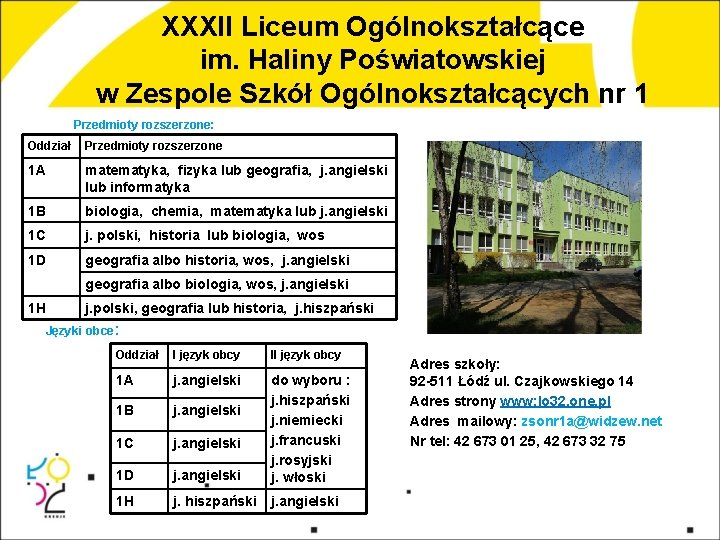 XXXII Liceum Ogólnokształcące im. Haliny Poświatowskiej w Zespole Szkół Ogólnokształcących nr 1 Przedmioty rozszerzone: