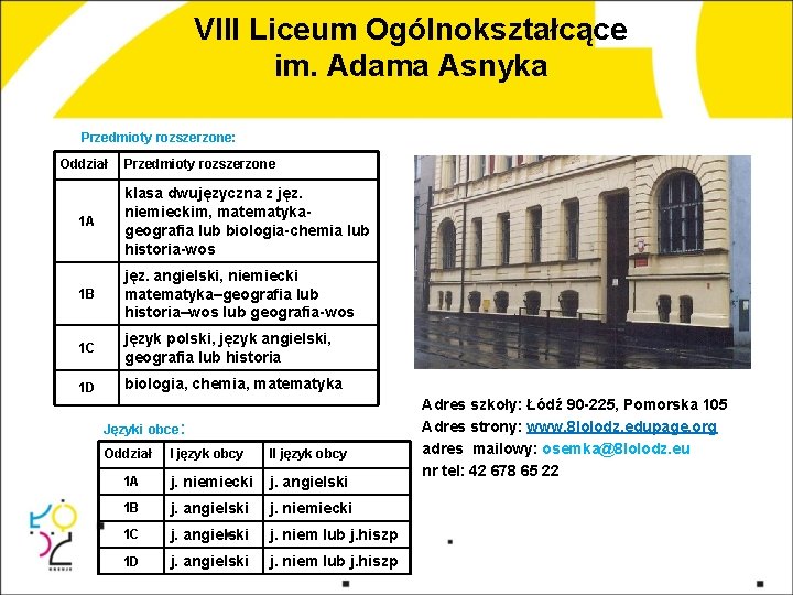 VIII Liceum Ogólnokształcące im. Adama Asnyka Przedmioty rozszerzone: Oddział Przedmioty rozszerzone 1 A klasa