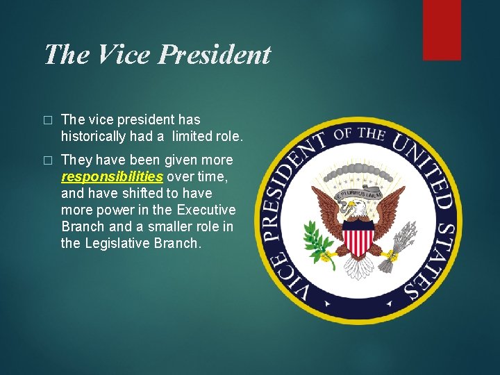 The Vice President � The vice president has historically had a limited role. �