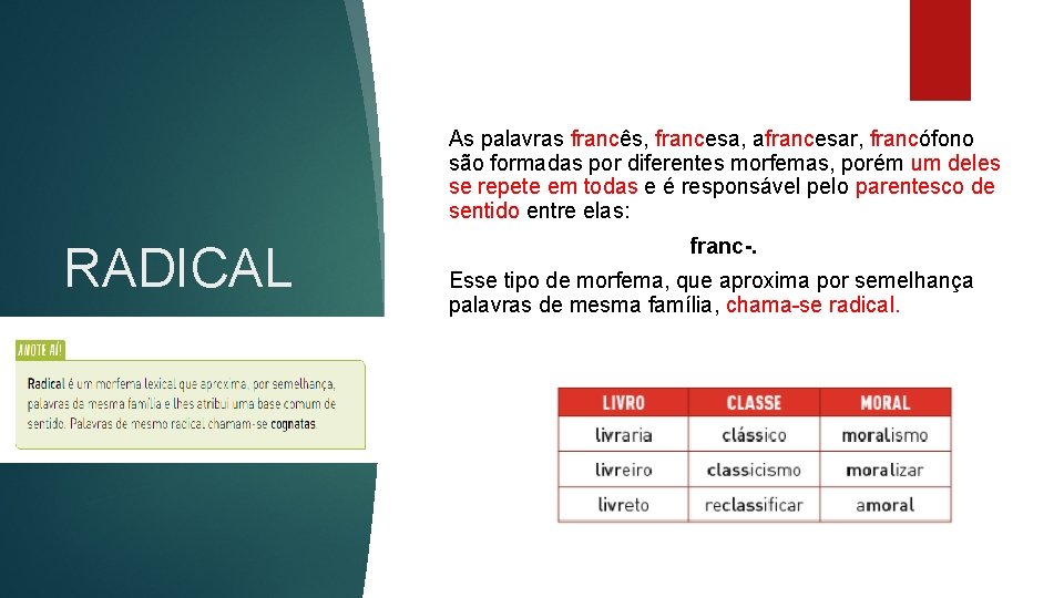 As palavras francês, francesa, afrancesar, francófono são formadas por diferentes morfemas, porém um deles