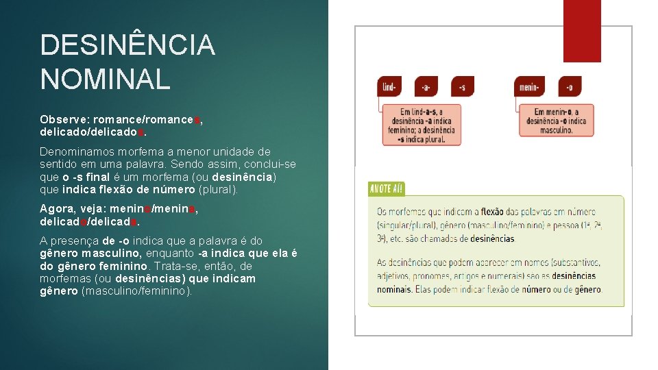 DESINÊNCIA NOMINAL Observe: romance/romances, delicado/delicados. Denominamos morfema a menor unidade de sentido em uma