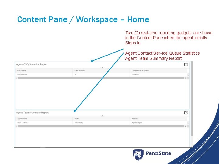 Content Pane / Workspace – Home Two (2) real-time reporting gadgets are shown in