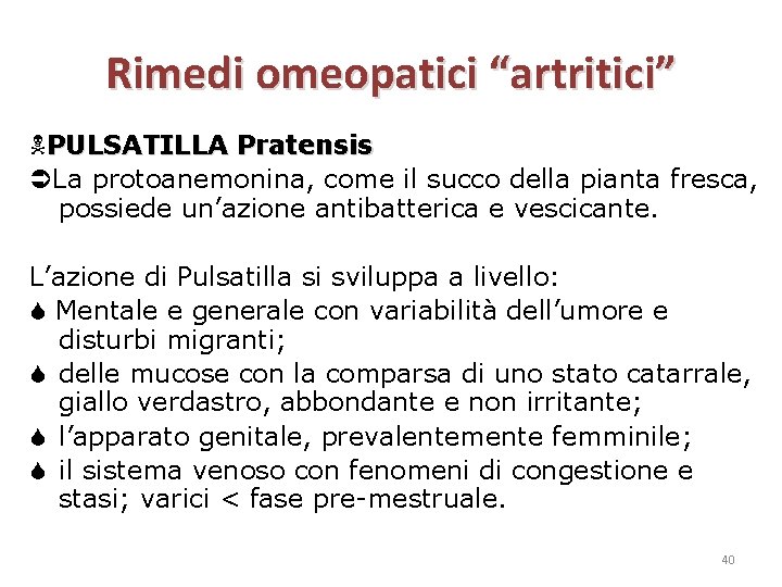 Rimedi omeopatici “artritici” PULSATILLA Pratensis La protoanemonina, come il succo della pianta fresca, possiede