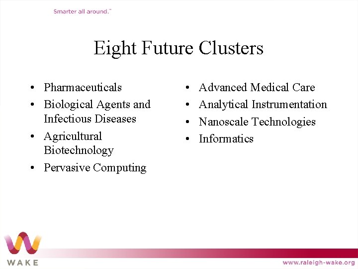 Eight Future Clusters • Pharmaceuticals • Biological Agents and Infectious Diseases • Agricultural Biotechnology