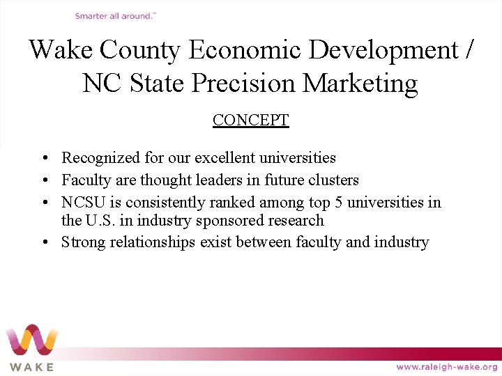 Wake County Economic Development / NC State Precision Marketing CONCEPT • Recognized for our