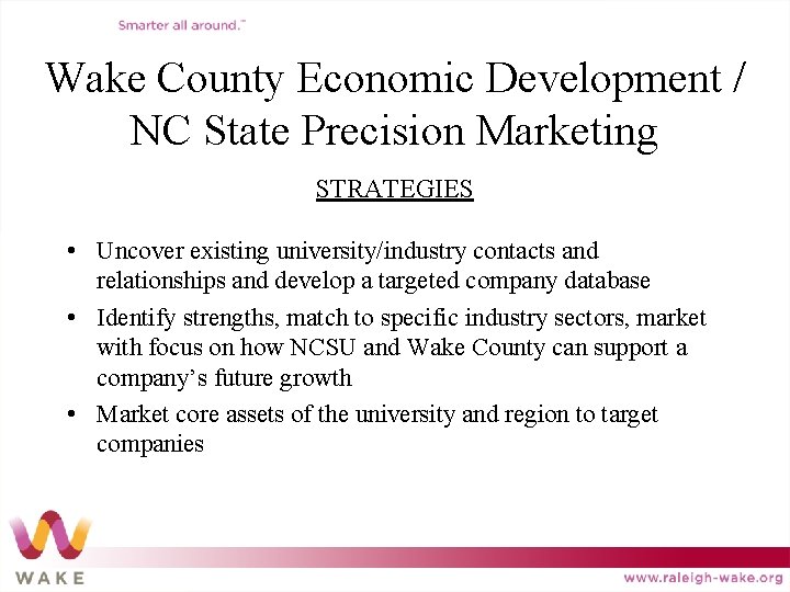 Wake County Economic Development / NC State Precision Marketing STRATEGIES • Uncover existing university/industry