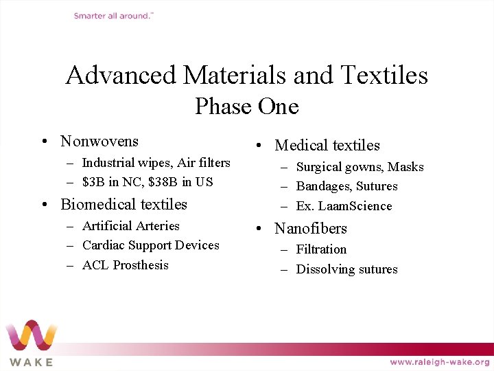 Advanced Materials and Textiles Phase One • Nonwovens – Industrial wipes, Air filters –