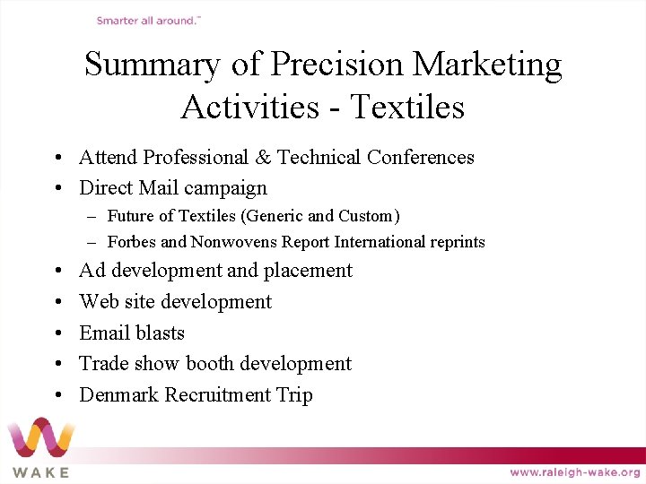 Summary of Precision Marketing Activities - Textiles • Attend Professional & Technical Conferences •