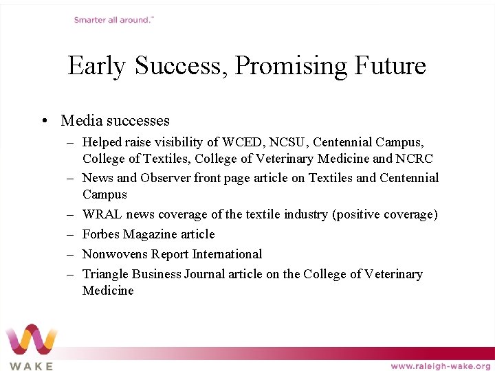 Early Success, Promising Future • Media successes – Helped raise visibility of WCED, NCSU,
