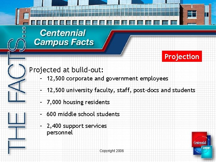 Projection Projected at build-out: – 12, 500 corporate and government employees – 12, 500