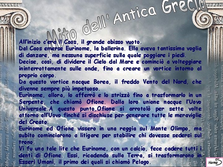 Mito dell’antica Grecia All’inizio c’era il Caos, il grande abisso vuoto. Dal Caos emerse