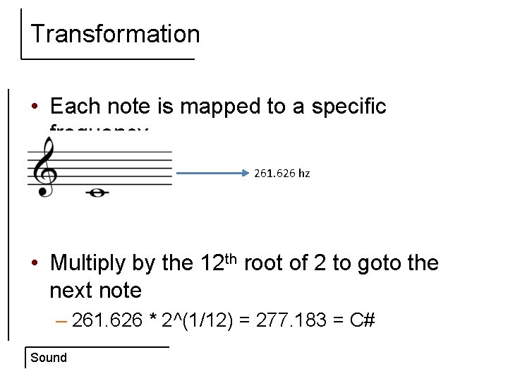 Transformation • Each note is mapped to a specific frequency 261. 626 hz •