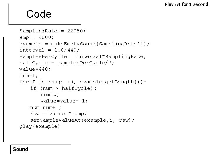 Play A 4 for 1 second Code Sampling. Rate = 22050; amp = 4000;