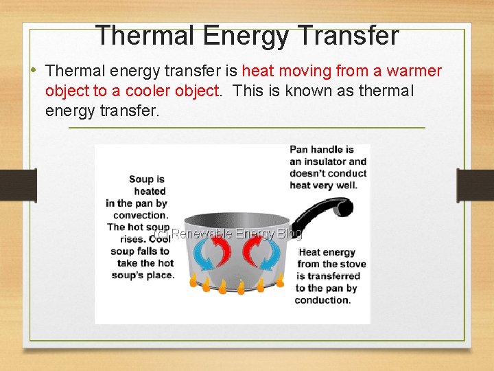 Thermal Energy Transfer • Thermal energy transfer is heat moving from a warmer object