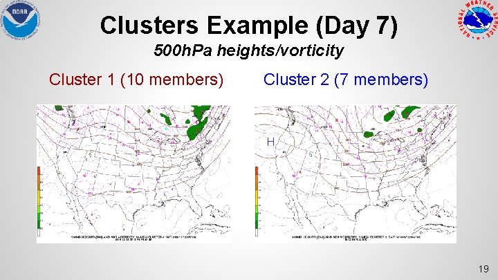 Clusters Example (Day 7) 500 h. Pa heights/vorticity Cluster 1 (10 members) Cluster 2