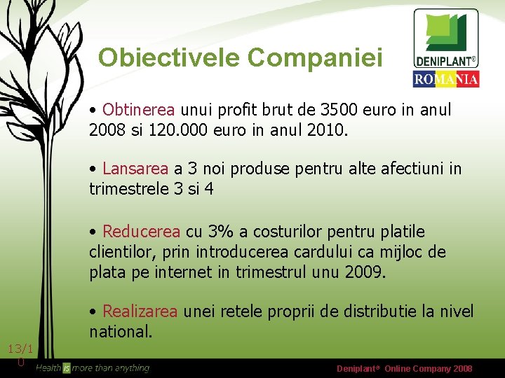 Obiectivele Companiei • Obtinerea unui profit brut de 3500 euro in anul 2008 si