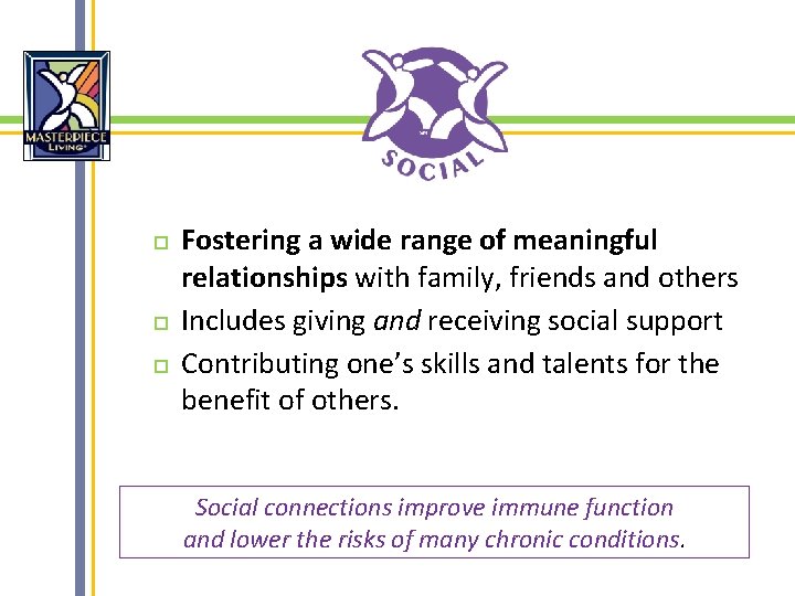  Fostering a wide range of meaningful relationships with family, friends and others Includes