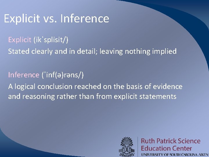 Explicit vs. Inference Explicit (ikˈsplisit/) Stated clearly and in detail; leaving nothing implied Inference