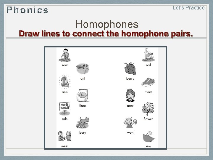 Let’s Practice Homophones Draw lines to connect the homophone pairs. 