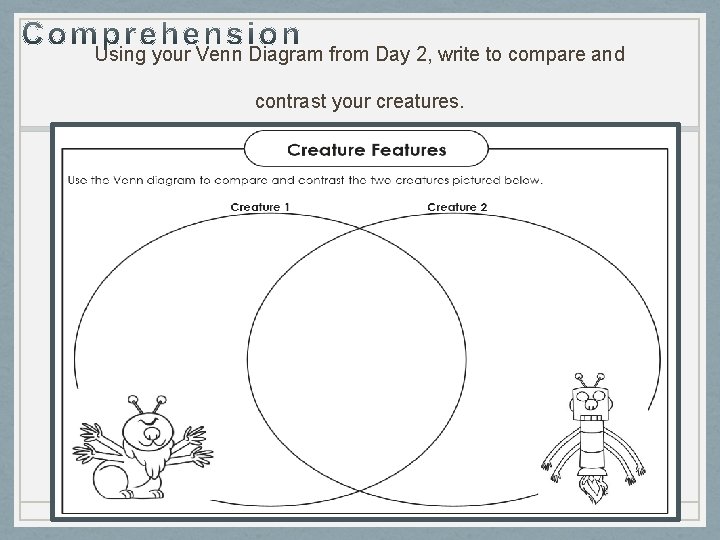 Using your Venn Diagram from Day 2, write to compare and contrast your creatures.