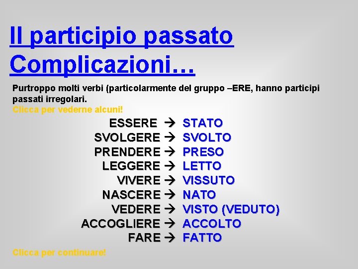 Il participio passato Complicazioni… Purtroppo molti verbi (particolarmente del gruppo –ERE, hanno participi passati