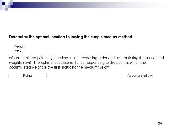 Determine the optimal location following the simple median method. Medium weight We order all