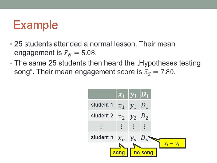 Example • student 1 student 2 student n song no song 