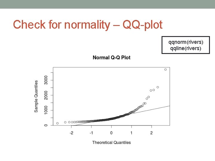 Check for normality – QQ-plot qqnorm(rivers) qqline(rivers) 