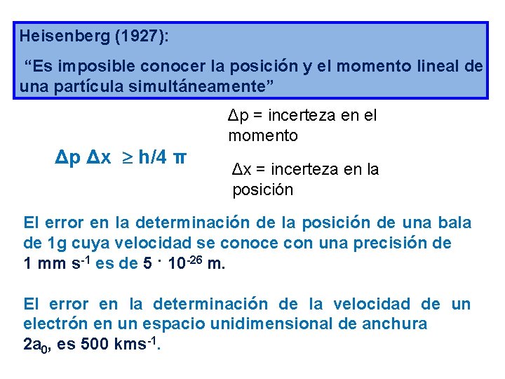 Heisenberg (1927): “Es imposible conocer la posición y el momento lineal de una partícula Heisenberg (1927): “Es imposible conocer la posición y el momento lineal de una partícula