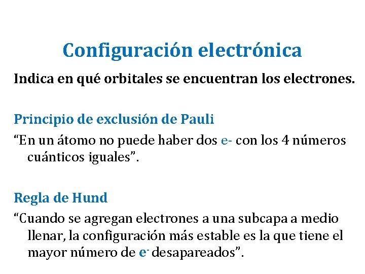 Configuración electrónica Indica en qué orbitales se encuentran los electrones. Principio de exclusión de Configuración electrónica Indica en qué orbitales se encuentran los electrones. Principio de exclusión de