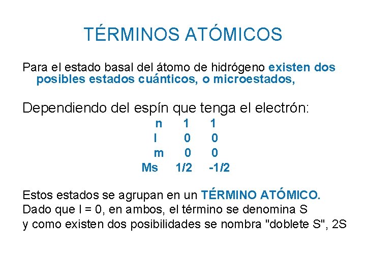 TÉRMINOS ATÓMICOS Para el estado basal del átomo de hidrógeno existen dos posibles estados TÉRMINOS ATÓMICOS Para el estado basal del átomo de hidrógeno existen dos posibles estados