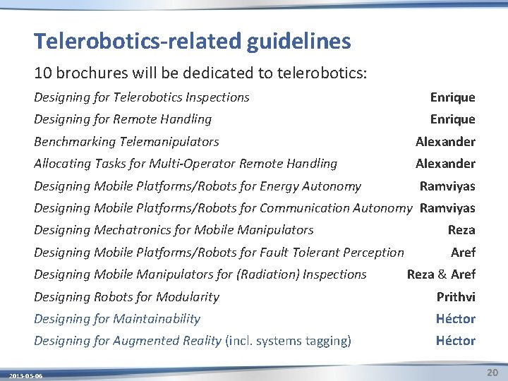 Telerobotics-related guidelines 10 brochures will be dedicated to telerobotics: Designing for Telerobotics Inspections Enrique