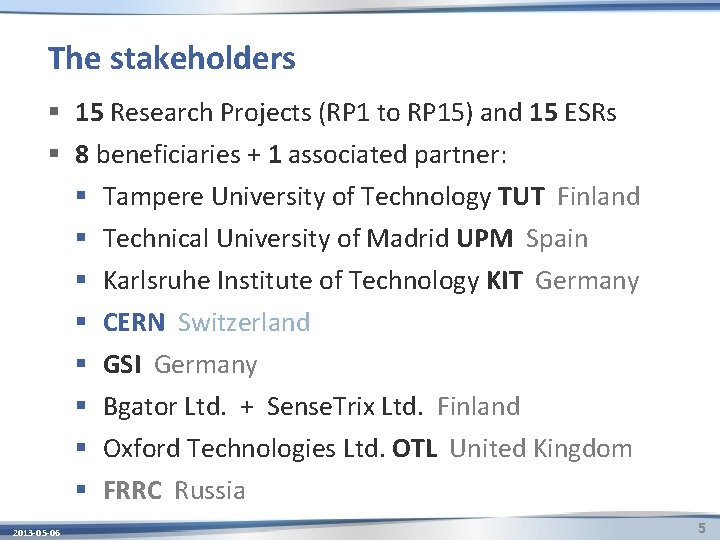 The stakeholders § 15 Research Projects (RP 1 to RP 15) and 15 ESRs