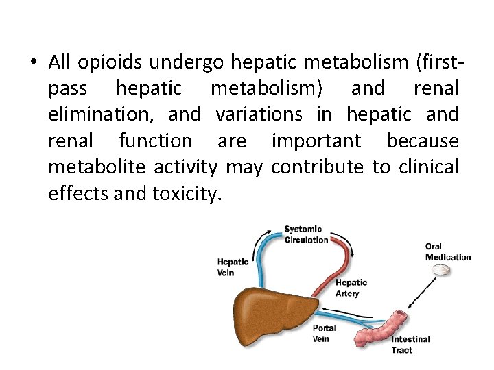  • All opioids undergo hepatic metabolism (firstpass hepatic metabolism) and renal elimination, and